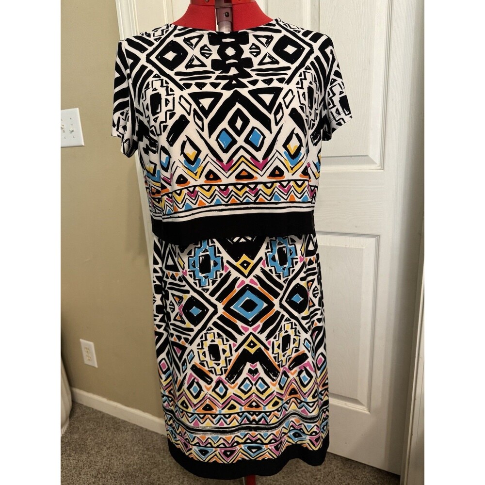 Ronni Nicole Women Sz 16 Geometric Shift Dress Layered Overlay Career Colorful